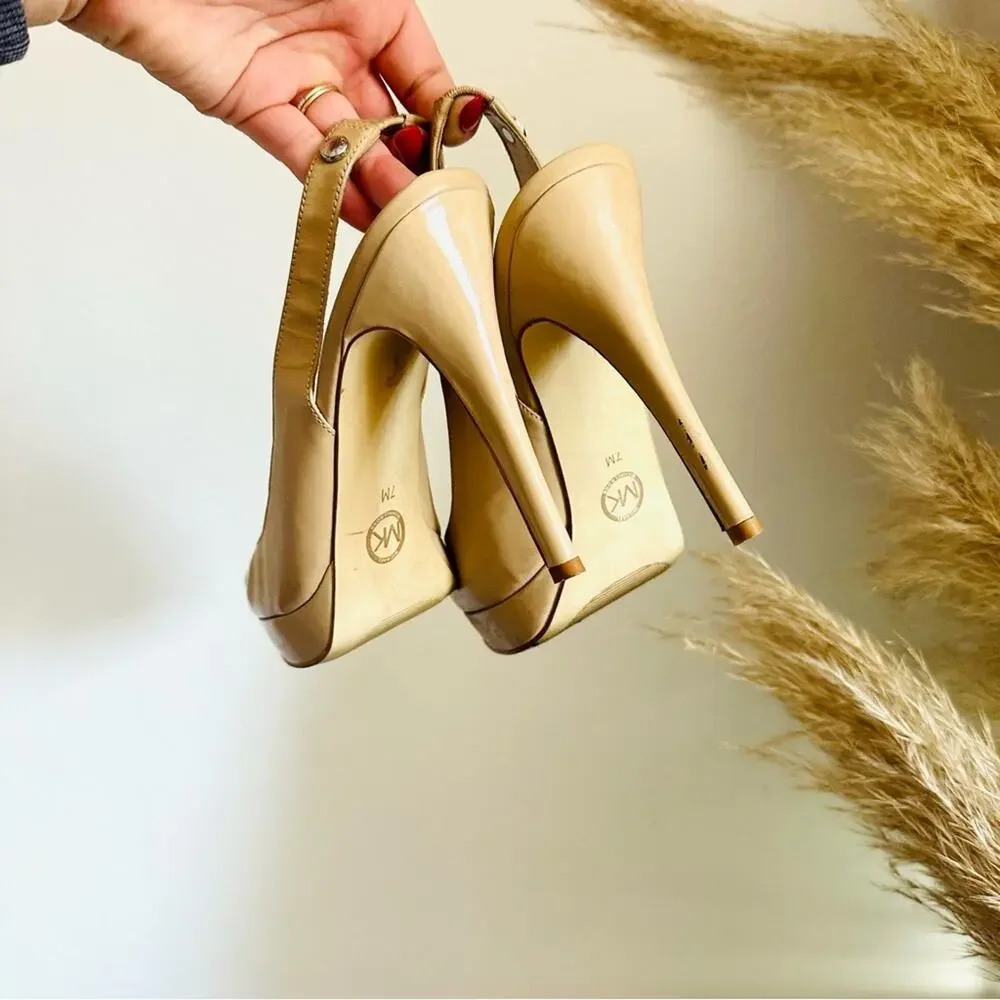 MICHAEL KORS Nude Beige Tan Leather Peep Toe Slingback 5” Heel Pumps Shoes 7 - Picture 5 of 16